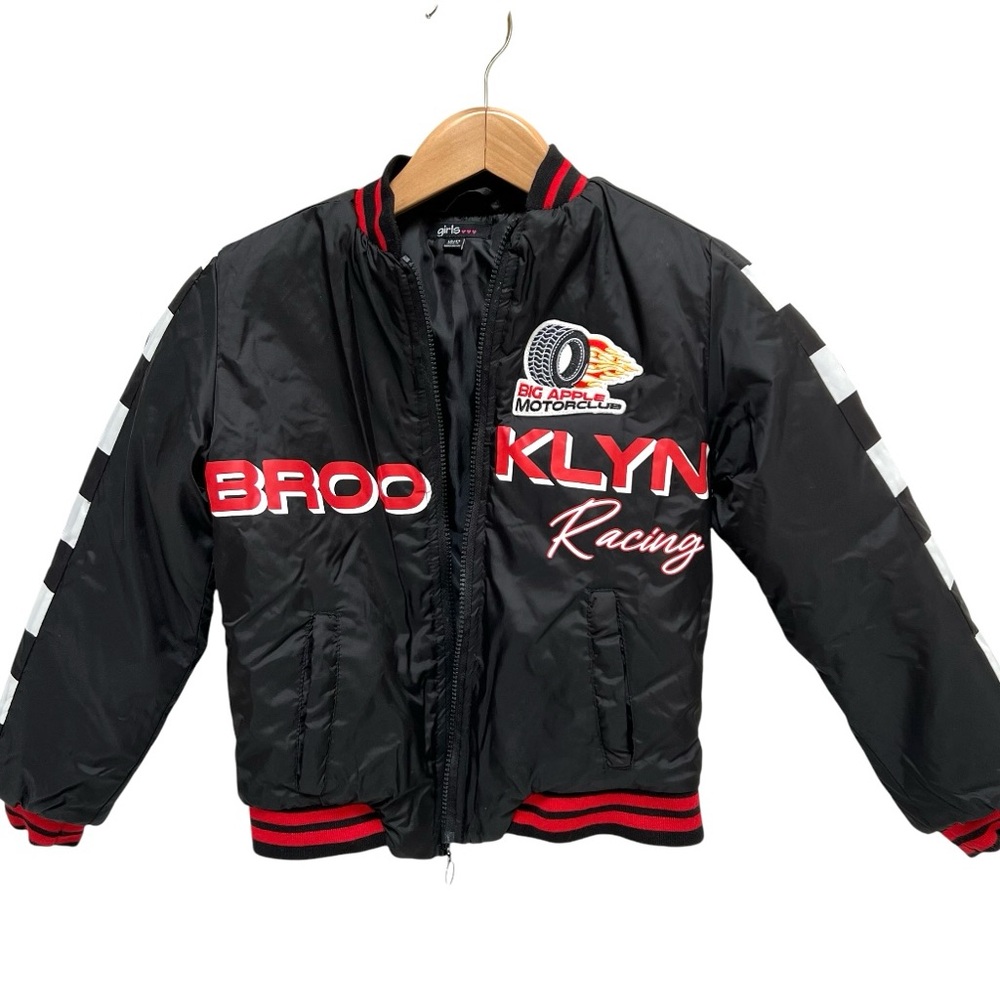 GIRLS‎ Brooklyn Racing Moto Bomber Jacket Puffer Black Red Patches Grunge Sporty